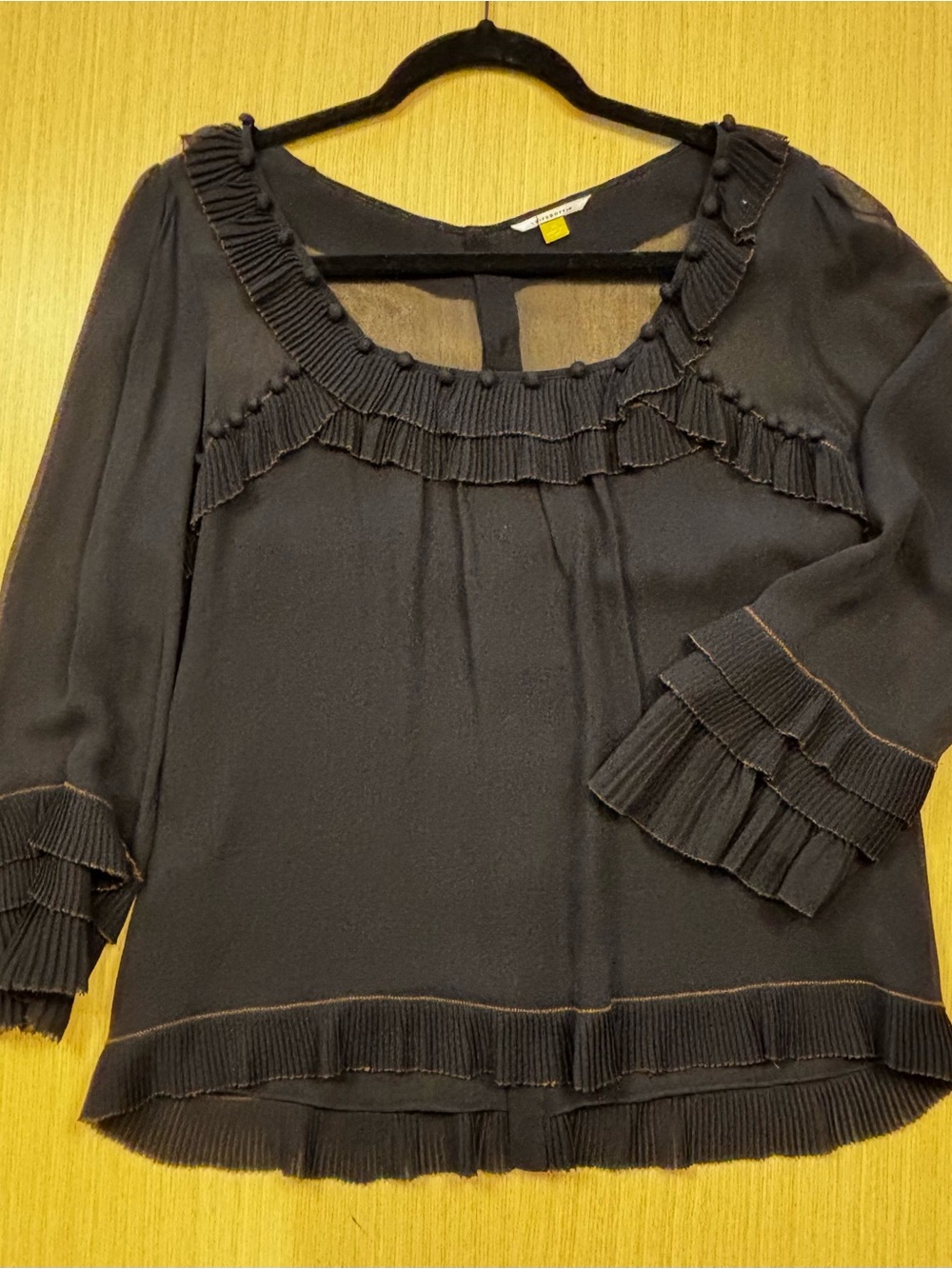 Anthropologie Leifsdottir Black 100% Silk Chiffon Pleated Ruffle Blouse Sz 10